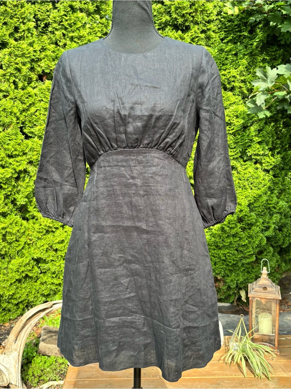 100% Linen Open-Back A-Black Linen Empire-Waist Mini Dress - Size S